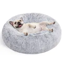OEM Honden- en kattenbed, donutvormig kussen, wasbaar, met uitneembare vulling, lange pluis, diameter 70 cm, grijs