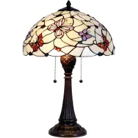 Clayre & Eef Tiffany tafellamp, diameter 41 cm, hoogte 60 cm, beige, paars glas, motief: vlinder