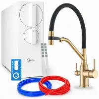 ARI Keukenmengkraan met waterfiltersysteem, Magneto, mengkraan met twee grepen, messing, keramische cartridge, perlator, geborsteld goud. Inclusief aansluitslangen