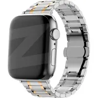 Bandz Stalen schakel band Deluxe geschikt voor Apple Watch (Series 12/11/10), (SE 3/2/1), (Series 9/8/7/6/5/4) - 38/40/41/42mm - Inclusief inkortset - zilver & gouden metalen Apple Watch bandje