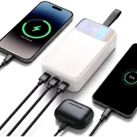 AG Powerbank 27.000 mAh - 22,5W Snellader met 4 Aansluitingen - Dual USB-C Input/Output en Dual USB-A Output - IPX4 Waterbestendig - LED Display - Draagkoord - Wit
