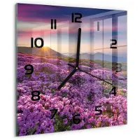 Tulup Wandklok - Bloemen in de bergen Moderne Wandklok Glas - 30x30 cm - Paars Wandklok Glas Decoratie - Zwarte handen - Vierkante Klok - Glazen Wandklok Design - Klok Glas Met Opdruk