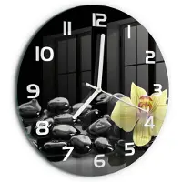 Tulup Wandklok - Orchidee Gekleurde Glazen Klok - fi30 cm - Zwart Glazen Klok Met Print - Witte handen - Ronde Klok - Moderne Wandklok Glas - Wandklok Glas Decoratie