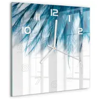 Tulup Wandklok - Blauwe veren Moderne Wandklok Glas - 30x30 cm - Blauw Wandklok Glas Decoratie - Witte handen - Vierkante Klok - Glazen Wandklok Design - Klok Glas Met Opdruk