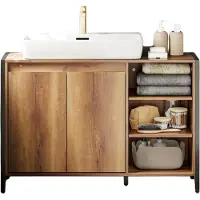 SoBuy Badkamermeubel met Wastafelblad, 90 cm, Industrieel, Bruin/Zwart, Tweedeurskast links open schappen rechts BZR63-L-PF