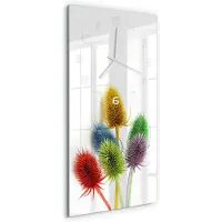 Tulup Wandklok - Distel Wandklok Glas Met Motief - 30x60 cm - Veelkleurig Decoratieve Glazen Klok - Witte handen - Rechthoekige Klok - Gekleurde Glazen Klok - Glazen Klok Met Print