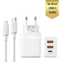 WISEQ Oplader Geschikt voor iPhone Snellader 38W - Fast Charger Geschikt voor iPhone 14/13/12/11 Pro Max & iPad USB-C Adapter met Lightning Kabel – Snelle Oplader Inclusief Kabel (1M)