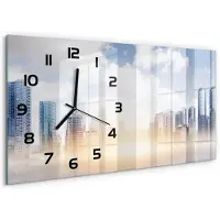 Tulup Wandklok - Wolkenkrabber Gekleurde Glazen Klok - 60x30 cm - Blauw Glazen Klok Met Print - Zwarte handen - Rechthoekige Klok - Moderne Wandklok Glas - Wandklok Glas Decoratie