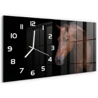 Tulup Wandklok - Bruin Paard Glazen Klok Met Print - 60x30 cm - Bruin Wandklok Glas Met Motief - Witte handen - Rechthoekige Klok - Wandklok Glas Decoratie - Gekleurde Glazen Klok