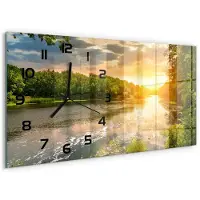 Tulup Wandklok - Schemering aan de rivier Decoratieve Glazen Klok - 60x30 cm - Groente Glazen Wandklok Design - Zwarte handen - Rechthoekige Klok - Glazen Klok Met Print - Wandklok Glas Met Motief
