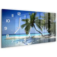 Tulup Wandklok - Tropisch strand Wandklok Glas Met Motief - 60x30 cm - Blauw Decoratieve Glazen Klok - Witte handen - Rechthoekige Klok - Gekleurde Glazen Klok - Glazen Klok Met Print