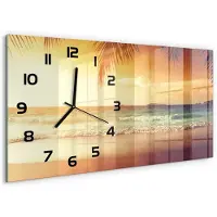 Tulup Wandklok - Tropisch strand Glazen Wandklok Design - 60x30 cm - Oranje Klok Glas Met Opdruk - Zwarte handen - Rechthoekige Klok - Wandklok Glas Met Motief - Decoratieve Glazen Klok