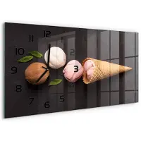 Tulup Wandklok - IJs in een wafelhoorntje Wandklok Glas Met Motief - 60x30 cm - Zwart Decoratieve Glazen Klok - Zwarte handen - Rechthoekige Klok - Gekleurde Glazen Klok - Glazen Klok Met Print