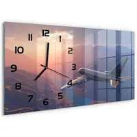Tulup Wandklok - Vliegtuig Klok Glas Met Opdruk - 60x30 cm - Oranje Moderne Wandklok Glas - Zwarte handen - Rechthoekige Klok - Decoratieve Glazen Klok - Glazen Wandklok Design