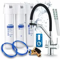 ARI Keukenmengkraan met waterfilter, Magneto, mengkraan met twee grepen, keramische cartridge, perlator, messing, chroom, capaciteit 6000 liter, inclusief aansluitslangen