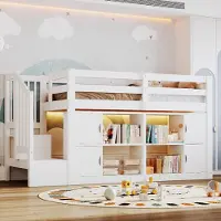 ALFORIGO Hoogslaper 90x200 cm met opbergruimte in de trap, kasten, een boekenkast en LED-verlichting, 15 latten, gemaakt van grenenhout en MDF, wit