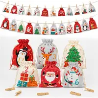 OEM Adventskalender om zelf te vullen - 24 stoffen zakjes met houten klemmetjes en 10 meter touw - Om op te hangen - Rood, grijs, beige, afmetingen 12x15 cm en 13x18 cm