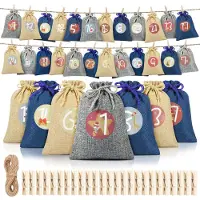 Dripio Adventskalender om zelf te vullen, 24 blauwe stoffen zakjes met cijfers, voor zelfgemaakte adventskalenders