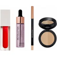 Revolution Make-up Set - - 4-delige Set - Bi-color Taupe Wenkbrauwen - Nude Ivory Eyeliner - Ethereal Highlighter