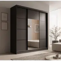 Fun-Möbel Kledingkast met schuifdeuren, model ALFA, in zwart. De deur heeft een zwarte applicatie. Afmetingen: 200x215x61 cm