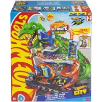 Hot Wheels City Ultieme T-Rex Garage - met 2 speelgoedauto's en opbergruimte voor meer dan 50 auto's