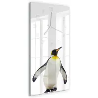 Tulup Wandklok - Pinguïn Klok Glas Met Opdruk - 30x60 cm - Wit Moderne Wandklok Glas - Witte handen - Rechthoekige Klok - Decoratieve Glazen Klok - Glazen Wandklok Design