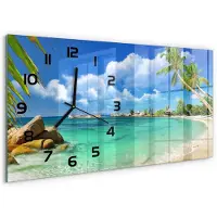Tulup Wandklok - strand op de Seychellen Klok Glas Met Opdruk - 60x30 cm - Blauw Moderne Wandklok Glas - Zwarte handen - Rechthoekige Klok - Decoratieve Glazen Klok - Glazen Wandklok Design
