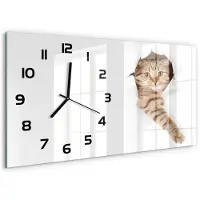 Tulup Wandklok - Kat Glazen Wandklok Design - 60x30 cm - Beige Klok Glas Met Opdruk - Zwarte handen - Rechthoekige Klok - Wandklok Glas Met Motief - Decoratieve Glazen Klok