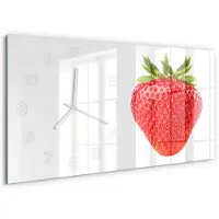 Tulup Wandklok - Aardbei Decoratieve Glazen Klok - 60x30 cm - Rood Glazen Wandklok Design - Witte handen - Rechthoekige Klok - Glazen Klok Met Print - Wandklok Glas Met Motief