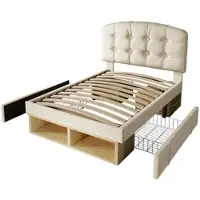 OKWISH Boxspringbed 90x200, enkel bed met gebogen, in hoogte verstelbaar hoofdeinde, kinderbed, multifunctioneel bed met lades en open vakken, bedframe met lattenbodem, beige (zonder matras)