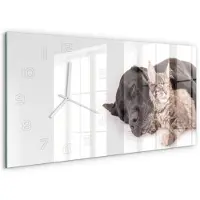 Tulup Wandklok - Hond en kat Wandklok Glas Met Motief - 60x30 cm - Bruin Decoratieve Glazen Klok - Witte handen - Rechthoekige Klok - Gekleurde Glazen Klok - Glazen Klok Met Print