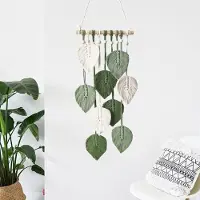 Merkloos Wanddecoratie 25x60 cm, handgemaakt, houten kralen, groene bladeren, voor slaapkamer
