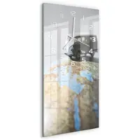 Tulup Wandklok - Van op de Globe Glazen Wandklok Design - 30x60 cm - Grijs Klok Glas Met Opdruk - Witte handen - Rechthoekige Klok - Wandklok Glas Met Motief - Decoratieve Glazen Klok
