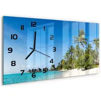 Tulup Wandklok - Caribisch strand Wandklok Glas Decoratie - 60x30 cm - Blauw Gekleurde Glazen Klok - Zwarte handen - Rechthoekige Klok - Klok Glas Met Opdruk - Moderne Wandklok Glas