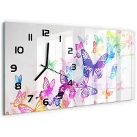Tulup Wandklok - Kleurrijke vlinders Glazen Klok Met Print - 60x30 cm - Veelkleurig Wandklok Glas Met Motief - Zwarte handen - Rechthoekige Klok - Wandklok Glas Decoratie - Gekleurde Glazen Klok