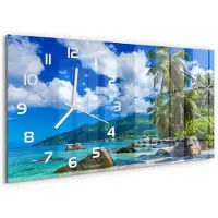 Tulup Wandklok - strand op de Seychellen Klok Glas Met Opdruk - 60x30 cm - Veelkleurig Moderne Wandklok Glas - Witte handen - Rechthoekige Klok - Decoratieve Glazen Klok - Glazen Wandklok Design