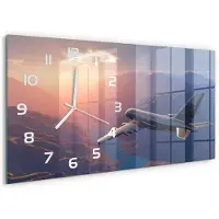 Tulup Wandklok - Vliegtuig Glazen Klok Met Print - 60x30 cm - Oranje Wandklok Glas Met Motief - Witte handen - Rechthoekige Klok - Wandklok Glas Decoratie - Gekleurde Glazen Klok