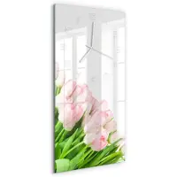 Tulup Wandklok - Roze tulpen Glazen Wandklok Design - 30x60 cm - Groente Klok Glas Met Opdruk - Witte handen - Rechthoekige Klok - Wandklok Glas Met Motief - Decoratieve Glazen Klok