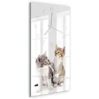 Tulup Wandklok - Twee kleine katjes Wandklok Glas Met Motief - 30x60 cm - Beige Decoratieve Glazen Klok - Witte handen - Rechthoekige Klok - Gekleurde Glazen Klok - Glazen Klok Met Print