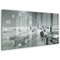 Tulup Wandklok - Mist boven Dubai Gekleurde Glazen Klok - 60x30 cm - Zwart-wit Glazen Klok Met Print - Witte handen - Rechthoekige Klok - Moderne Wandklok Glas - Wandklok Glas Decoratie