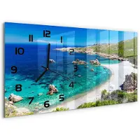 Tulup Wandklok - Baai Klok Glas Met Opdruk - 60x30 cm - Blauw Moderne Wandklok Glas - Zwarte handen - Rechthoekige Klok - Decoratieve Glazen Klok - Glazen Wandklok Design