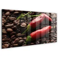 Tulup Wandklok - Chilipepers en koffie Moderne Wandklok Glas - 60x30 cm - Rood Wandklok Glas Decoratie - Zwarte handen - Rechthoekige Klok - Glazen Wandklok Design - Klok Glas Met Opdruk