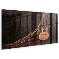 Tulup Wandklok - akoestische gitaar Wandklok Glas Met Motief - 60x30 cm - Bruin Decoratieve Glazen Klok - Zwarte handen - Rechthoekige Klok - Gekleurde Glazen Klok - Glazen Klok Met Print