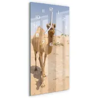 Tulup Wandklok - Kameel in de woestijn Glazen Wandklok Design - 30x60 cm - Beige Klok Glas Met Opdruk - Witte handen - Rechthoekige Klok - Wandklok Glas Met Motief - Decoratieve Glazen Klok