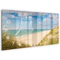 Tulup Wandklok - Duin aan zee Gekleurde Glazen Klok - 60x30 cm - Blauw Glazen Klok Met Print - Witte handen - Rechthoekige Klok - Moderne Wandklok Glas - Wandklok Glas Decoratie