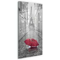 Tulup Wandklok - Paraplu Frankrijk Wandklok Glas Decoratie - 30x60 cm - Rood Gekleurde Glazen Klok - Witte handen - Rechthoekige Klok - Klok Glas Met Opdruk - Moderne Wandklok Glas