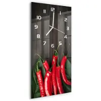 Tulup Wandklok - Chilipepers Glazen Wandklok Design - 30x60 cm - Rood Klok Glas Met Opdruk - Witte handen - Rechthoekige Klok - Wandklok Glas Met Motief - Decoratieve Glazen Klok