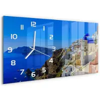 Tulup Wandklok - Santorini, Griekenland Moderne Wandklok Glas - 60x30 cm - Blauw Wandklok Glas Decoratie - Witte handen - Rechthoekige Klok - Glazen Wandklok Design - Klok Glas Met Opdruk