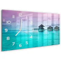 Tulup Wandklok - Bungalows aan het water Gekleurde Glazen Klok - 60x30 cm - Blauw Glazen Klok Met Print - Witte handen - Rechthoekige Klok - Moderne Wandklok Glas - Wandklok Glas Decoratie