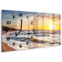 Tulup Wandklok - Zonsondergang op het strand Decoratieve Glazen Klok - 60x30 cm - Geel Glazen Wandklok Design - Zwarte handen - Rechthoekige Klok - Glazen Klok Met Print - Wandklok Glas Met Motief